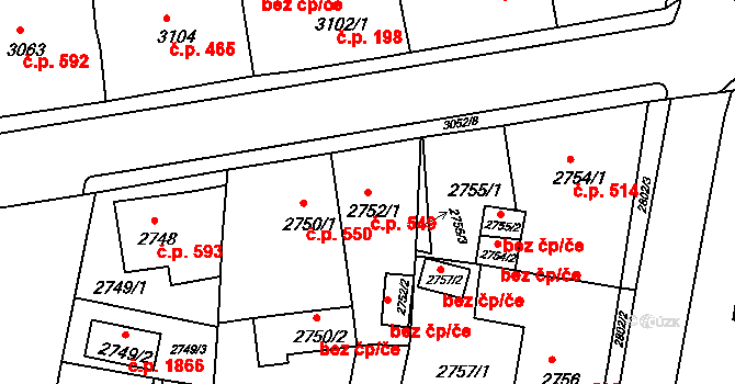 Jirkov 549 na parcele st. 2752/1 v KÚ Jirkov, Katastrální mapa