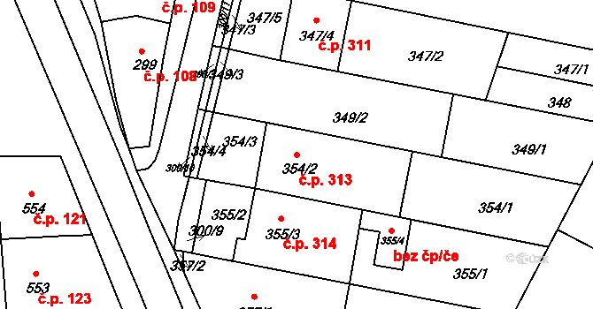 Blažovice 313 na parcele st. 354/2 v KÚ Blažovice, Katastrální mapa
