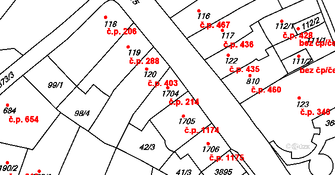 Česká Třebová 214 na parcele st. 1704 v KÚ Česká Třebová, Katastrální mapa