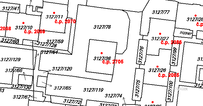 Louny 2705 na parcele st. 3127/36 v KÚ Louny, Katastrální mapa