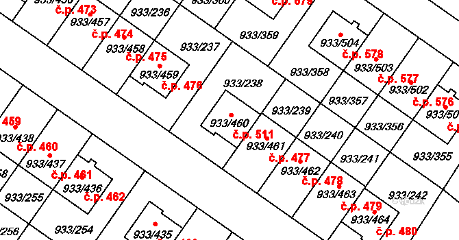 Satalice 511, Praha na parcele st. 933/460 v KÚ Satalice, Katastrální mapa