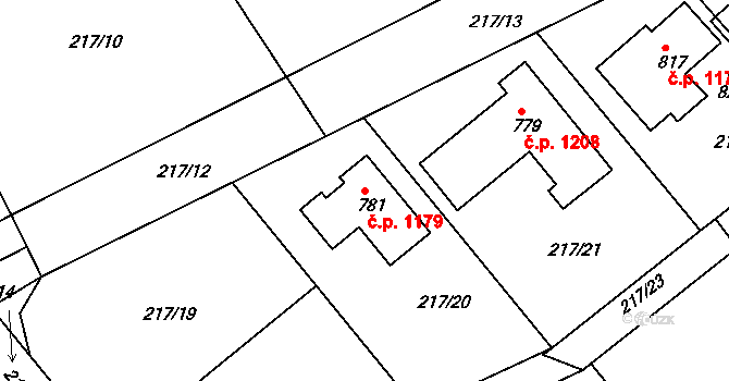 Rudná 1179 na parcele st. 781 v KÚ Hořelice, Katastrální mapa