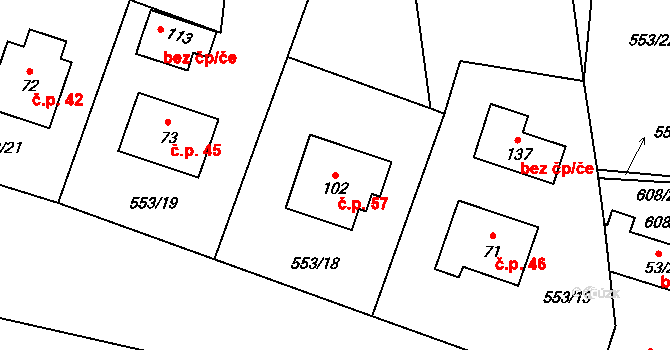 Petráveč 57 na parcele st. 102 v KÚ Petráveč, Katastrální mapa