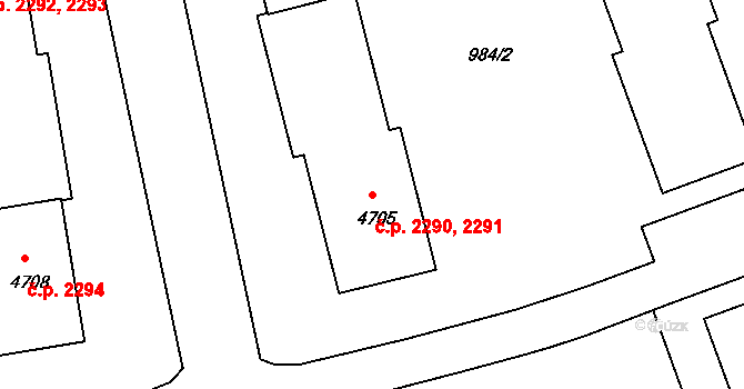 Nymburk 2290,2291 na parcele st. 4705 v KÚ Nymburk, Katastrální mapa
