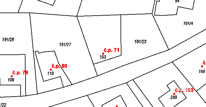 Černý Vůl 71, Statenice na parcele st. 103 v KÚ Statenice, Katastrální mapa