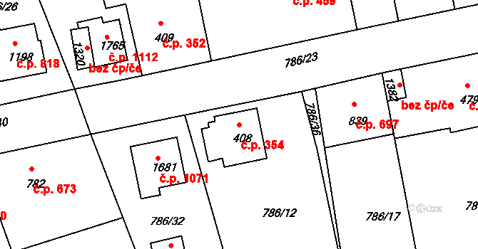 Luhačovice 354 na parcele st. 408 v KÚ Luhačovice, Katastrální mapa