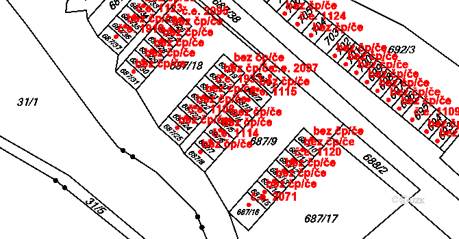 Brno 45581576 na parcele st. 687/5 v KÚ Lesná, Katastrální mapa
