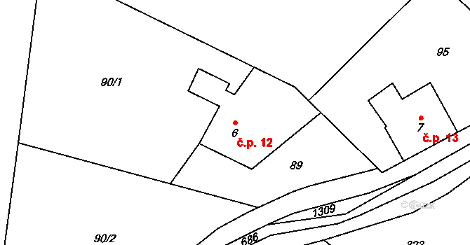 Dolní Fořt 12, Uhelná na parcele st. 6 v KÚ Dolní Fořt, Katastrální mapa