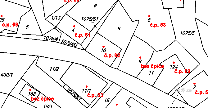 Postřelmůvek 62 na parcele st. 10 v KÚ Postřelmůvek, Katastrální mapa