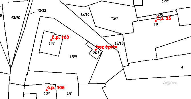 Ražice 100089577 na parcele st. 201 v KÚ Ražice, Katastrální mapa