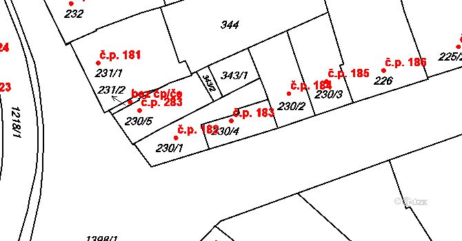 Smržice 183 na parcele st. 230/4 v KÚ Smržice, Katastrální mapa