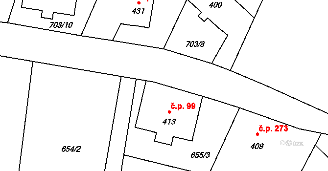 Valkeřice 99 na parcele st. 413 v KÚ Valkeřice, Katastrální mapa