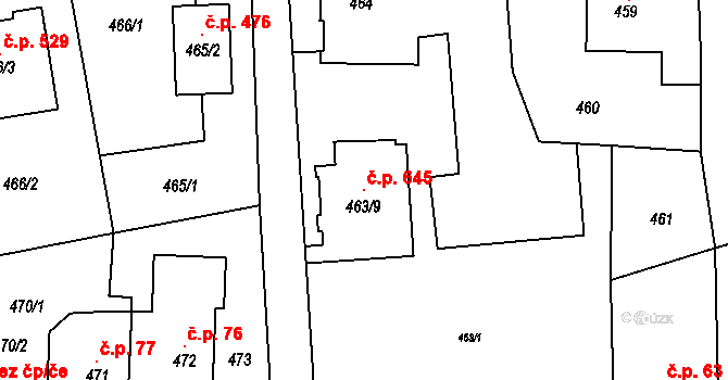 Senec 645, Zruč-Senec na parcele st. 463/9 v KÚ Senec u Plzně, Katastrální mapa