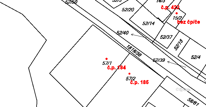 Dobronín 184 na parcele st. 57/1 v KÚ Dobronín, Katastrální mapa