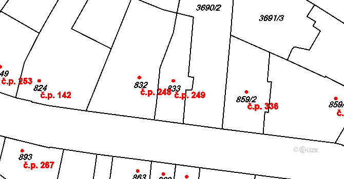 Telč-Podolí 249, Telč na parcele st. 833 v KÚ Telč, Katastrální mapa