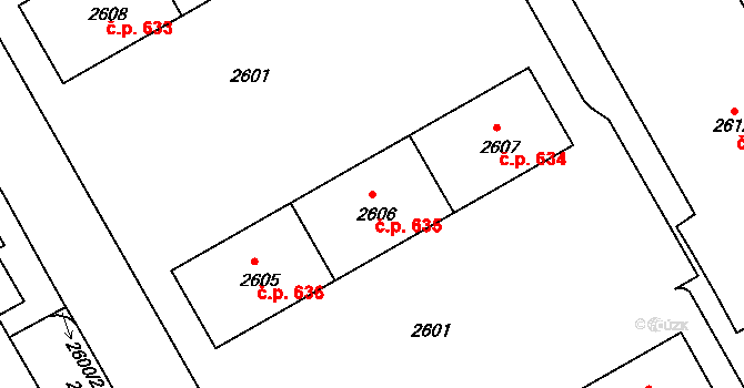 Lyžbice 635, Třinec na parcele st. 2606 v KÚ Lyžbice, Katastrální mapa