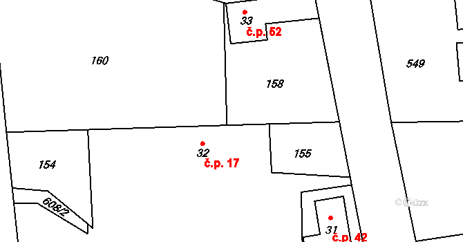 Rudíkovy 17, Třemešná na parcele st. 32 v KÚ Rudíkovy, Katastrální mapa
