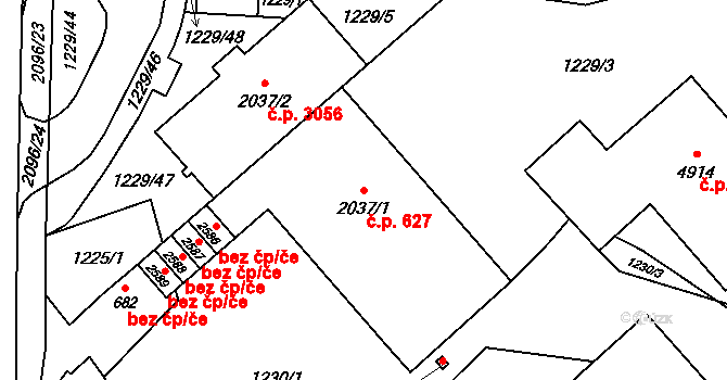 Šumperk 627 na parcele st. 2037/1 v KÚ Šumperk, Katastrální mapa