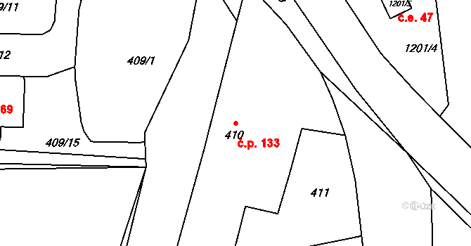 Divišov 133 na parcele st. 410 v KÚ Divišov u Benešova, Katastrální mapa