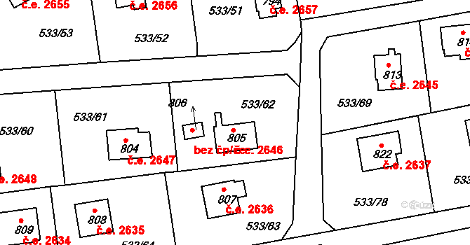 Těptín 2646, Kamenice na parcele st. 805 v KÚ Těptín, Katastrální mapa
