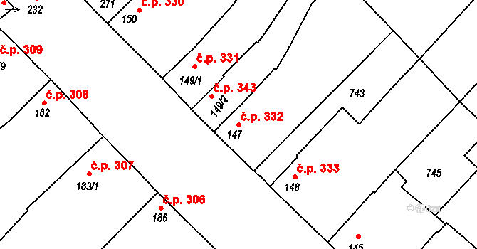 Náklo 332 na parcele st. 147 v KÚ Náklo, Katastrální mapa