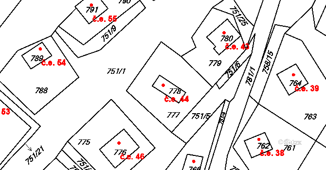 Prunéřov 44, Kadaň na parcele st. 778 v KÚ Prunéřov, Katastrální mapa