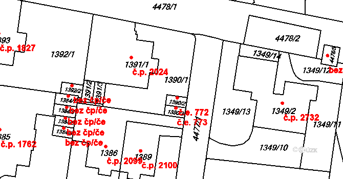 Teplice 772 na parcele st. 1390/2 v KÚ Teplice, Katastrální mapa