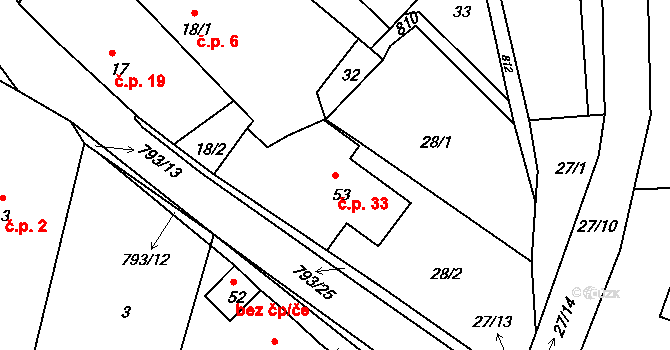 Habartice 33, Klatovy na parcele st. 53 v KÚ Habartice u Obytců, Katastrální mapa