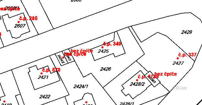 Modřany 349, Praha na parcele st. 2425 v KÚ Modřany, Katastrální mapa