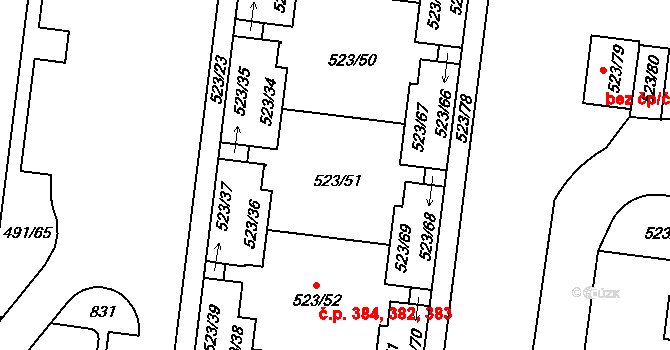 Horní Měcholupy 382,383,384, Praha na parcele st. 523/51 v KÚ Horní Měcholupy, Katastrální mapa