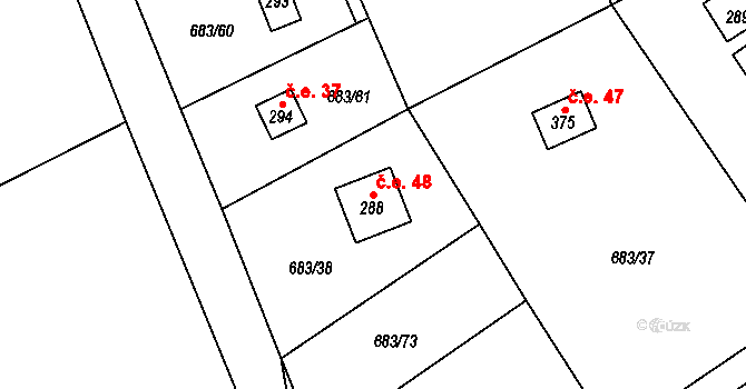Halouny 48, Svinaře na parcele st. 288 v KÚ Svinaře, Katastrální mapa