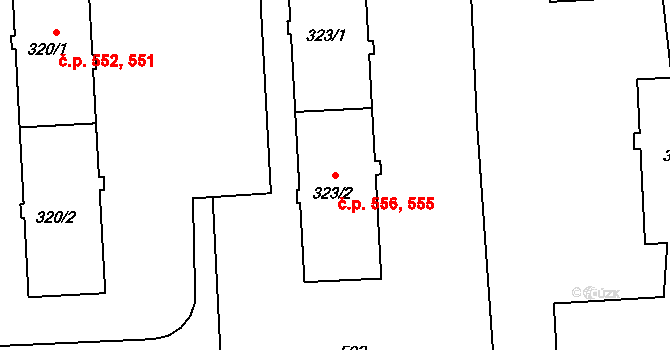 Neředín 555,556, Olomouc na parcele st. 323/1 v KÚ Neředín, Katastrální mapa