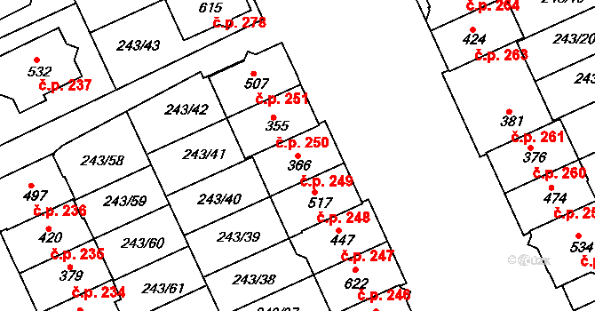 Týn 249, Třebíč na parcele st. 366 v KÚ Týn u Třebíče, Katastrální mapa