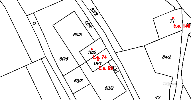 Vykmanov 74, Perštejn na parcele st. 16/2 v KÚ Vykmanov u Měděnce, Katastrální mapa