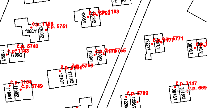 Zlín 5765 na parcele st. 1209/2 v KÚ Zlín, Katastrální mapa