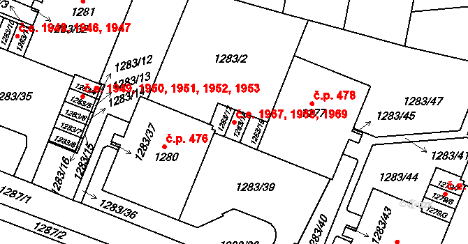 Lesná 1967,1968,1969, Brno na parcele st. 1283/17 v KÚ Lesná, Katastrální mapa