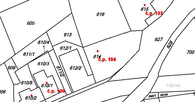 Fryšták 104 na parcele st. 614 v KÚ Fryšták, Katastrální mapa