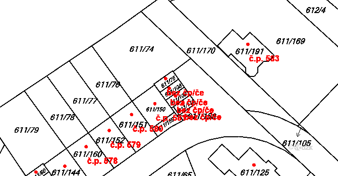 Srubec 48691577 na parcele st. 611/108 v KÚ Srubec, Katastrální mapa
