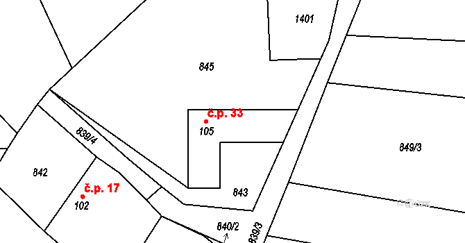 Dachov 33, Miřetice na parcele st. 105 v KÚ Miřetice u Nasavrk, Katastrální mapa