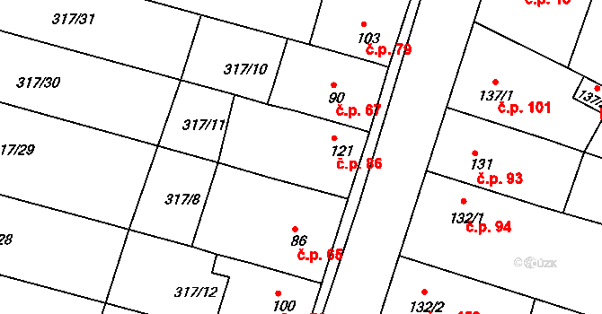 Třebichovice 86 na parcele st. 121 v KÚ Třebichovice, Katastrální mapa