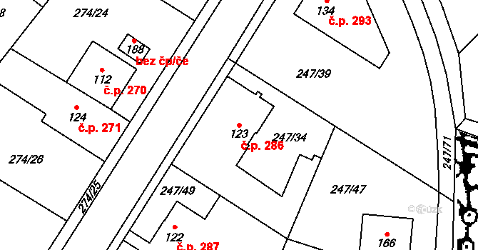 Tuchoměřice 286 na parcele st. 123 v KÚ Kněžívka, Katastrální mapa