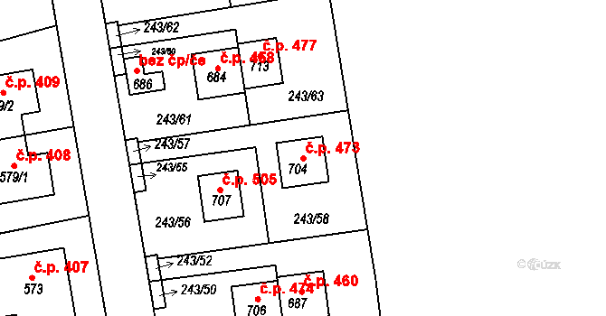 Přezletice 473 na parcele st. 704 v KÚ Přezletice, Katastrální mapa