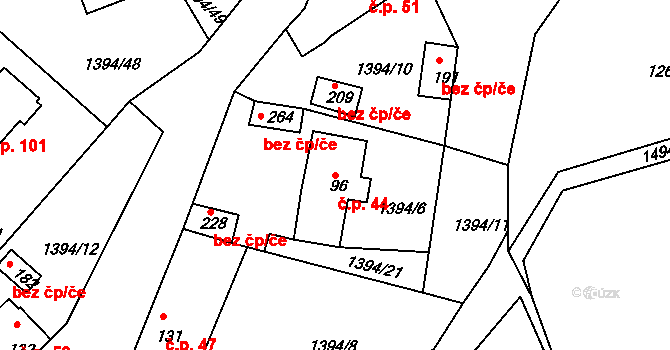 Srnín 44 na parcele st. 96 v KÚ Srnín, Katastrální mapa