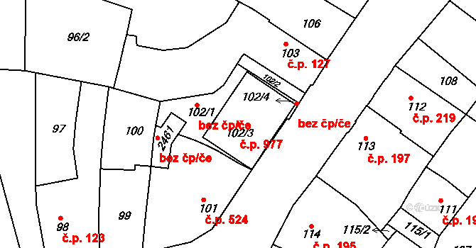 Týniště nad Orlicí 977 na parcele st. 102/3 v KÚ Týniště nad Orlicí, Katastrální mapa