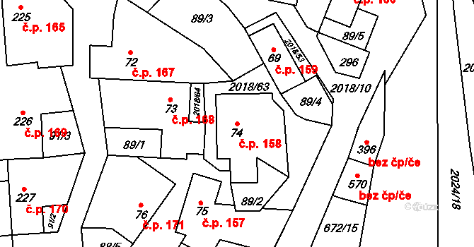 Rozstání 158 na parcele st. 74 v KÚ Rozstání pod Kojálem, Katastrální mapa