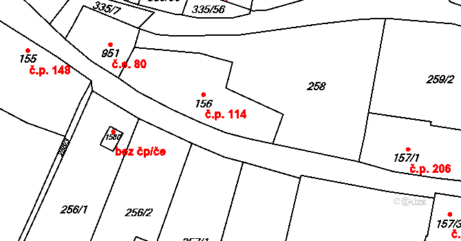 Vranov nad Dyjí 114 na parcele st. 156 v KÚ Vranov nad Dyjí, Katastrální mapa