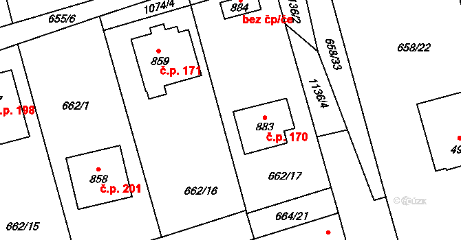 Olšany 170, Brandýsek na parcele st. 883 v KÚ Brandýsek, Katastrální mapa
