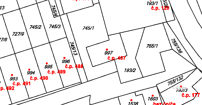 Milotice 487 na parcele st. 997 v KÚ Milotice u Kyjova, Katastrální mapa