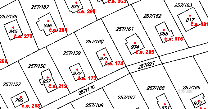 Zlenice 174, Lštění na parcele st. 973 v KÚ Lštění, Katastrální mapa