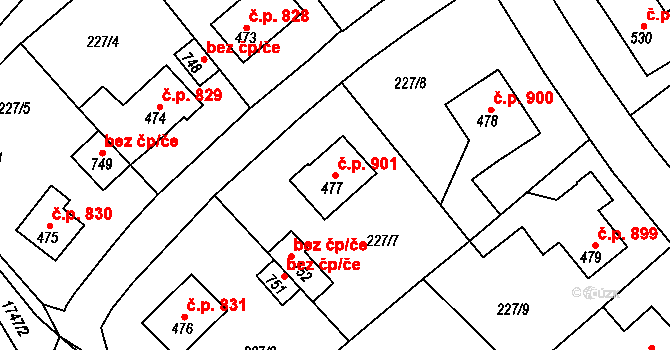 Švermov 901, Kladno na parcele st. 477 v KÚ Hnidousy, Katastrální mapa